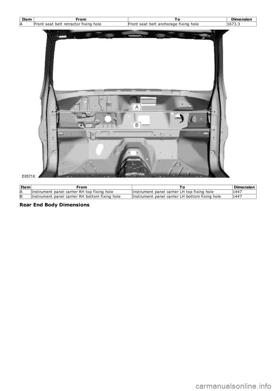 LAND ROVER FRELANDER 2 2006  Repair Manual ItemFromT oDimension
AFront seat  belt  retract or fi xi ng holeFront  s eat bel t anchorage fixi ng hol e1673.3
ItemFromT oDimensionAInst rument  panel carrier RH top fixi ng hol eInst rument  panel 