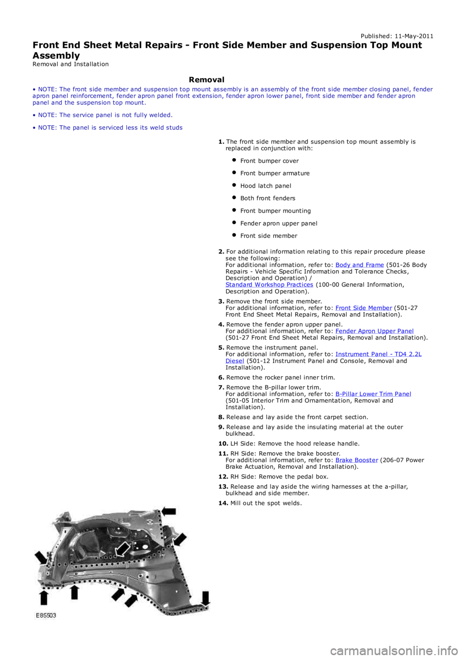 LAND ROVER FRELANDER 2 2006  Repair Manual Publis hed: 11-May-2011
Front End Sheet Metal Repairs - Front Side Member and Suspension Top Mount
AssemblyRemoval and Ins tallat ion
Removal
• NO TE: The front  s ide member and suspens ion t op mo