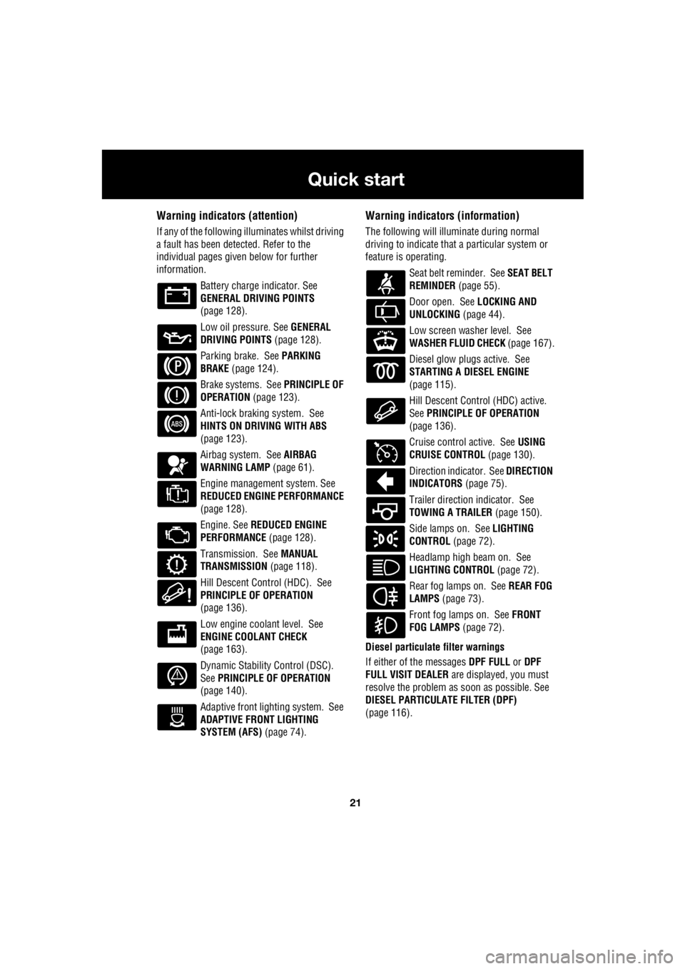 LAND ROVER FRELANDER 2 2006  Repair Manual 21
Quick start
R
Warning indicators (attention)
If any of the following  illuminates whilst driving  
a fault has been detected. Refer to the 
individual pages give  n below for further  
information.