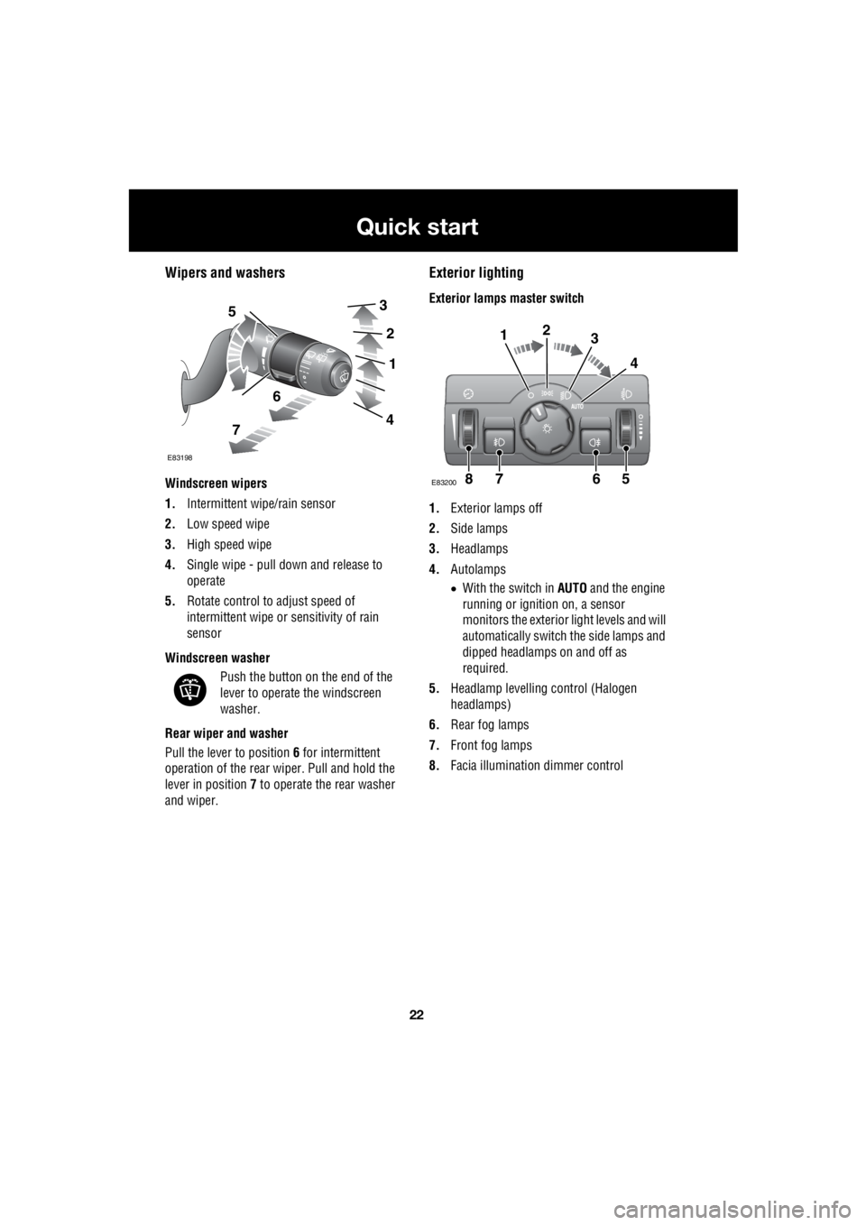 LAND ROVER FRELANDER 2 2006 Repair Manual 22
Quick start
L
Wipers and washers
Windscreen wipers
1. Intermittent wipe/rain sensor
2. Low speed wipe
3. High speed wipe
4. Single wipe - pull down and release to
operate
5. Rotate con LAND ROVER FRELANDER 2 2006 Repair Manual 22
Quick start
L
Wipers and washers
Windscreen wipers
1. Intermittent wipe/rain sensor
2. Low speed wipe
3. High speed wipe
4. Single wipe - pull down and release to
operate
5. Rotate con