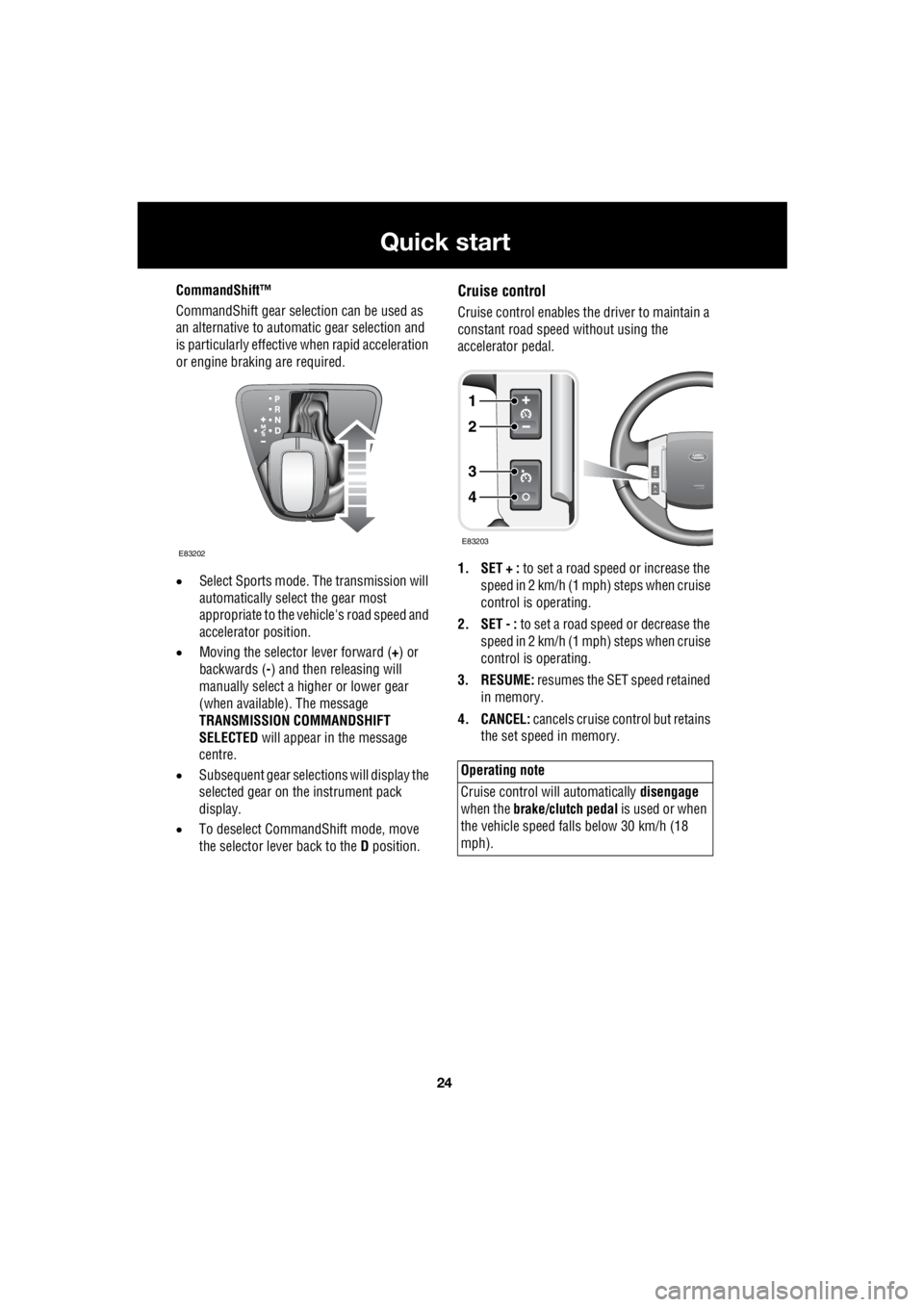 LAND ROVER FRELANDER 2 2006 Repair Manual 24
Quick start
L
CommandShift™
CommandShift gear sele ction can be used as
an alternative to automatic gear selection and
is particularly effective when rapid acceleration
or engine brakin LAND ROVER FRELANDER 2 2006 Repair Manual 24
Quick start
L
CommandShift™
CommandShift gear sele ction can be used as
an alternative to automatic gear selection and
is particularly effective when rapid acceleration
or engine brakin