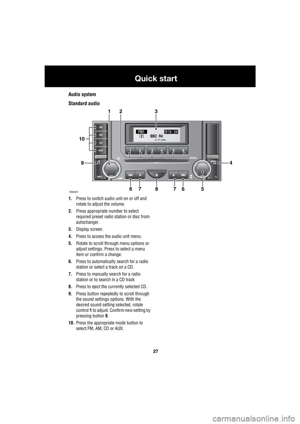 LAND ROVER FRELANDER 2 2006 Repair Manual 27
Quick start
R
Audio system
Standard audio
1. Press to switch audio unit on or off and
rotate to adjust the volume.
2. Press appropriate number to select
required preset radio station or dis LAND ROVER FRELANDER 2 2006 Repair Manual 27
Quick start
R
Audio system
Standard audio
1. Press to switch audio unit on or off and
rotate to adjust the volume.
2. Press appropriate number to select
required preset radio station or dis