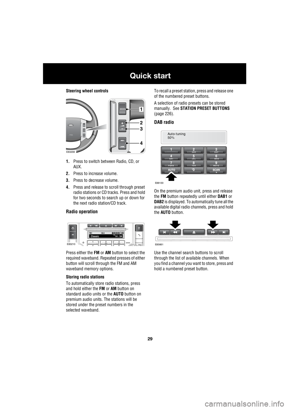 LAND ROVER FRELANDER 2 2006 Repair Manual 29
Quick start
R
Steering wheel controls
1. Press to switch between Radio, CD, or
AUX.
2. Press to increase volume.
3. Press to decrease volume.
4. Press and release to scroll through prese LAND ROVER FRELANDER 2 2006 Repair Manual 29
Quick start
R
Steering wheel controls
1. Press to switch between Radio, CD, or
AUX.
2. Press to increase volume.
3. Press to decrease volume.
4. Press and release to scroll through prese