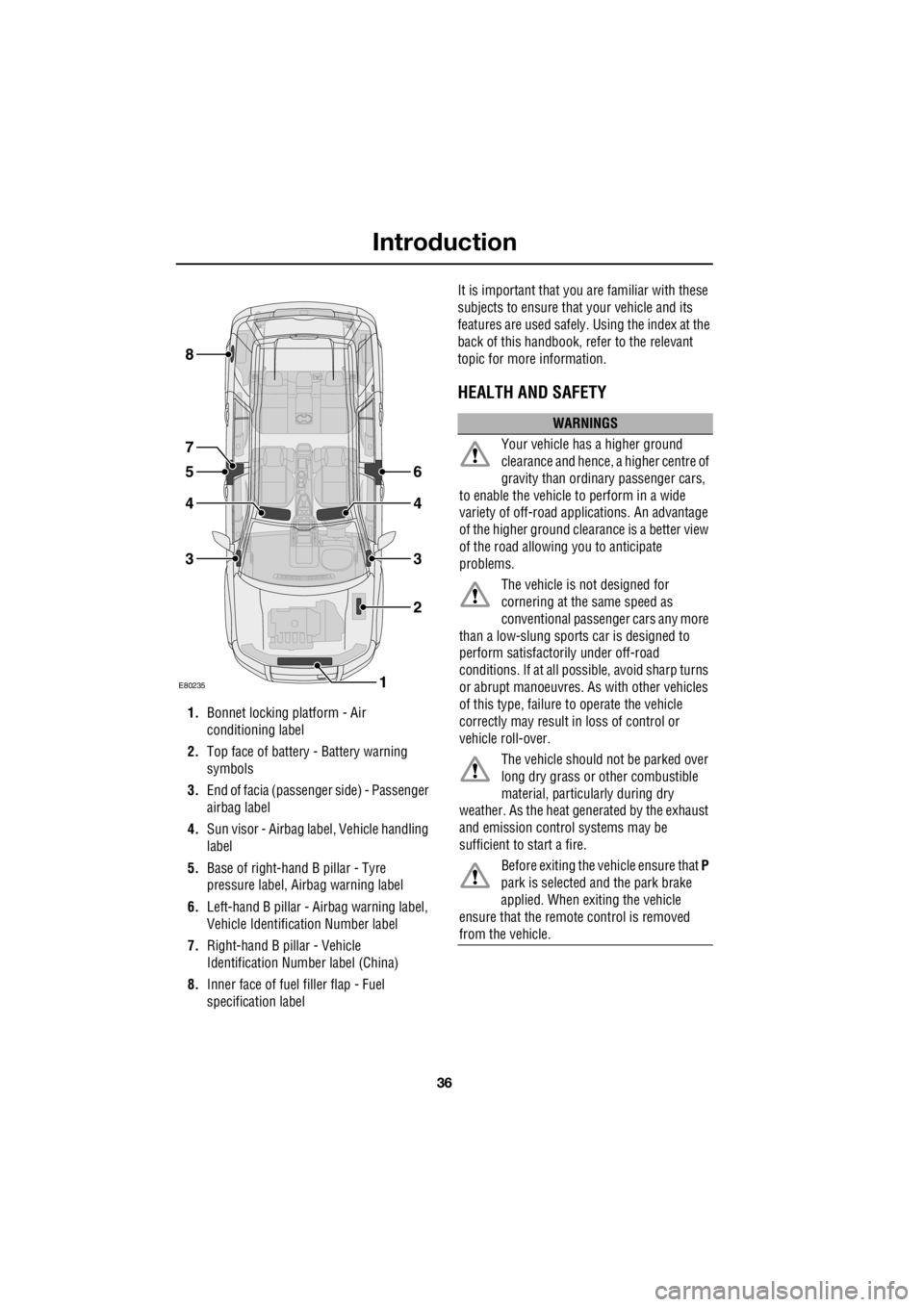 LAND ROVER FRELANDER 2 2006 Repair Manual Introduction
36
L
1. Bonnet locking platform - Air
conditioning label
2. Top face of battery - Battery warning
symbols
3. End of facia (passenger side) - Passenger
airbag label
4. Sun vi LAND ROVER FRELANDER 2 2006 Repair Manual Introduction
36
L
1. Bonnet locking platform - Air
conditioning label
2. Top face of battery - Battery warning
symbols
3. End of facia (passenger side) - Passenger
airbag label
4. Sun vi