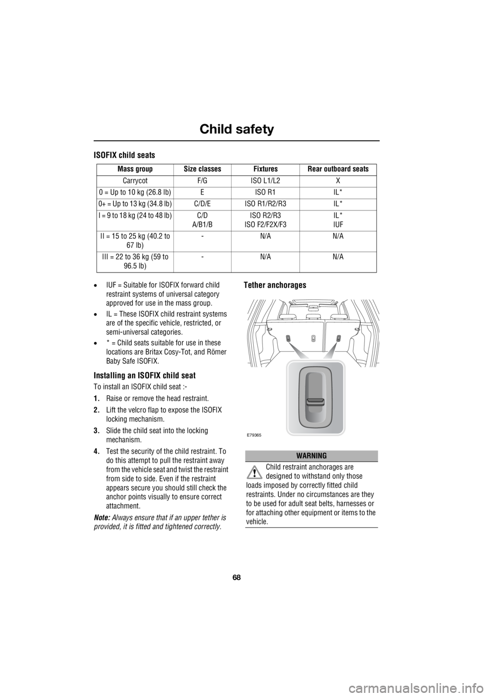 LAND ROVER FRELANDER 2 2006  Repair Manual Child safety
68
L
ISOFIX child seats
• IUF = Suitable for ISOFIX forward child  
restraint systems of universal category  
approved for use in   the mass group. 
•  IL = These ISOFIX child restrai