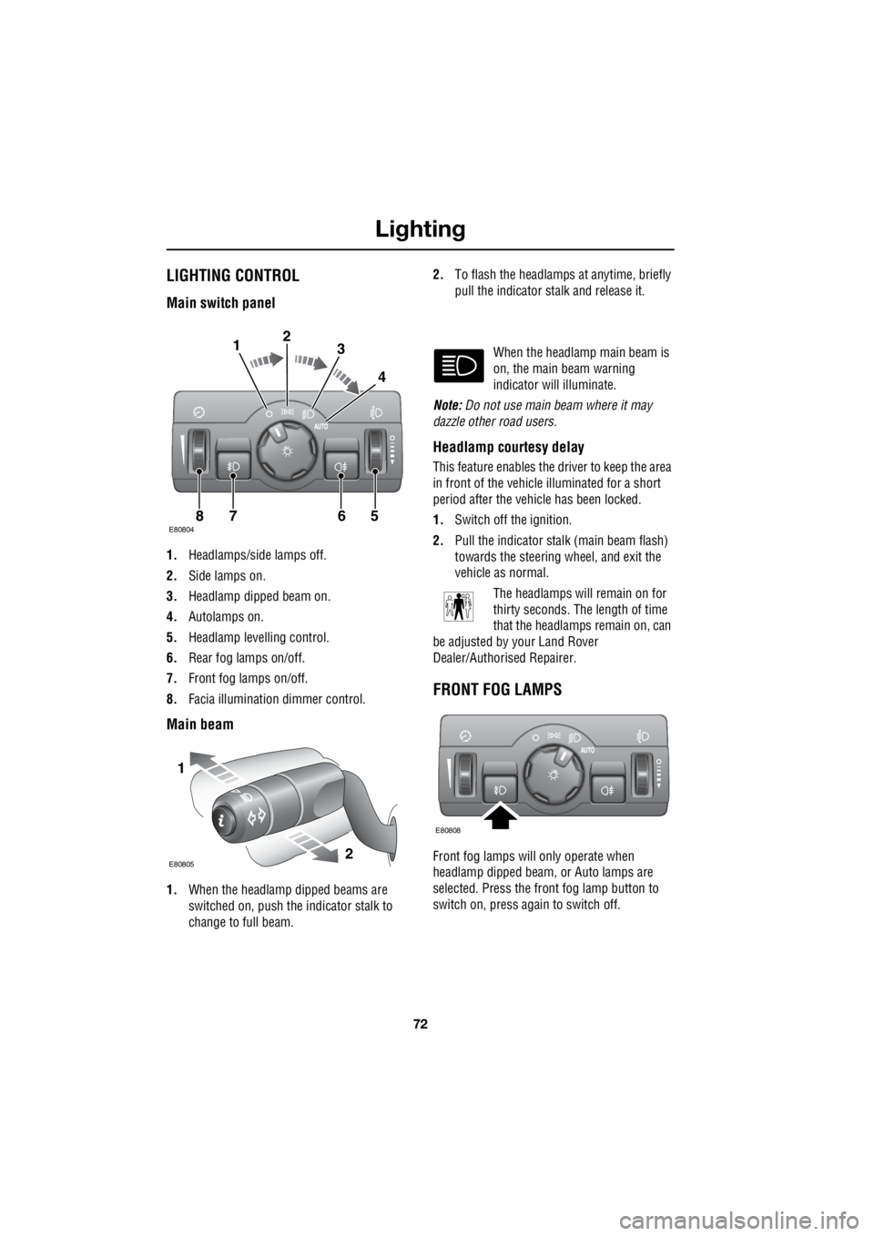 LAND ROVER FRELANDER 2 2006  Repair Manual Lighting
72
L
LightingLIGHTING CONTROL
Main switch panel
1. Headlamps/side lamps off. 
2.  Side lamps on. 
3.  Headlamp dipped beam on. 
4.  Autolamps on. 
5.  Headlamp levelling control. 
6.  Rear fo