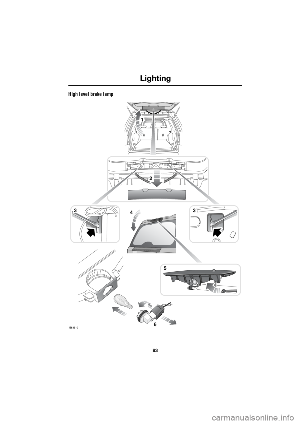 LAND ROVER FRELANDER 2 2006 Repair Manual 83
Lighting
R
High level brake lamp
6
1
E83610
2
34
5
3 LAND ROVER FRELANDER 2 2006 Repair Manual 83
Lighting
R
High level brake lamp
6
1
E83610
2
34
5
3