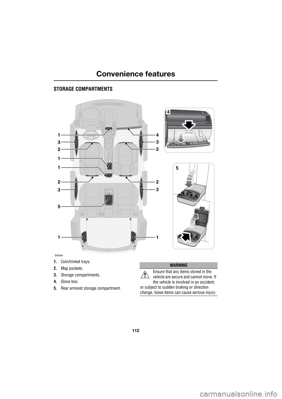 LAND ROVER FRELANDER 2 2006 Repair Manual Convenience features
112
L
STORAGE COMPARTMENTS
1. Coin/trinket trays.
2. Map pockets.
3. Storage compartments.
4. Glove box.
5. Rear armrest storage compartment.
E82050
1
3
1
1
2
3
1
4
3
2
3
LAND ROVER FRELANDER 2 2006 Repair Manual Convenience features
112
L
STORAGE COMPARTMENTS
1. Coin/trinket trays.
2. Map pockets.
3. Storage compartments.
4. Glove box.
5. Rear armrest storage compartment.
E82050
1
3
1
1
2
3
1
4
3
2
3