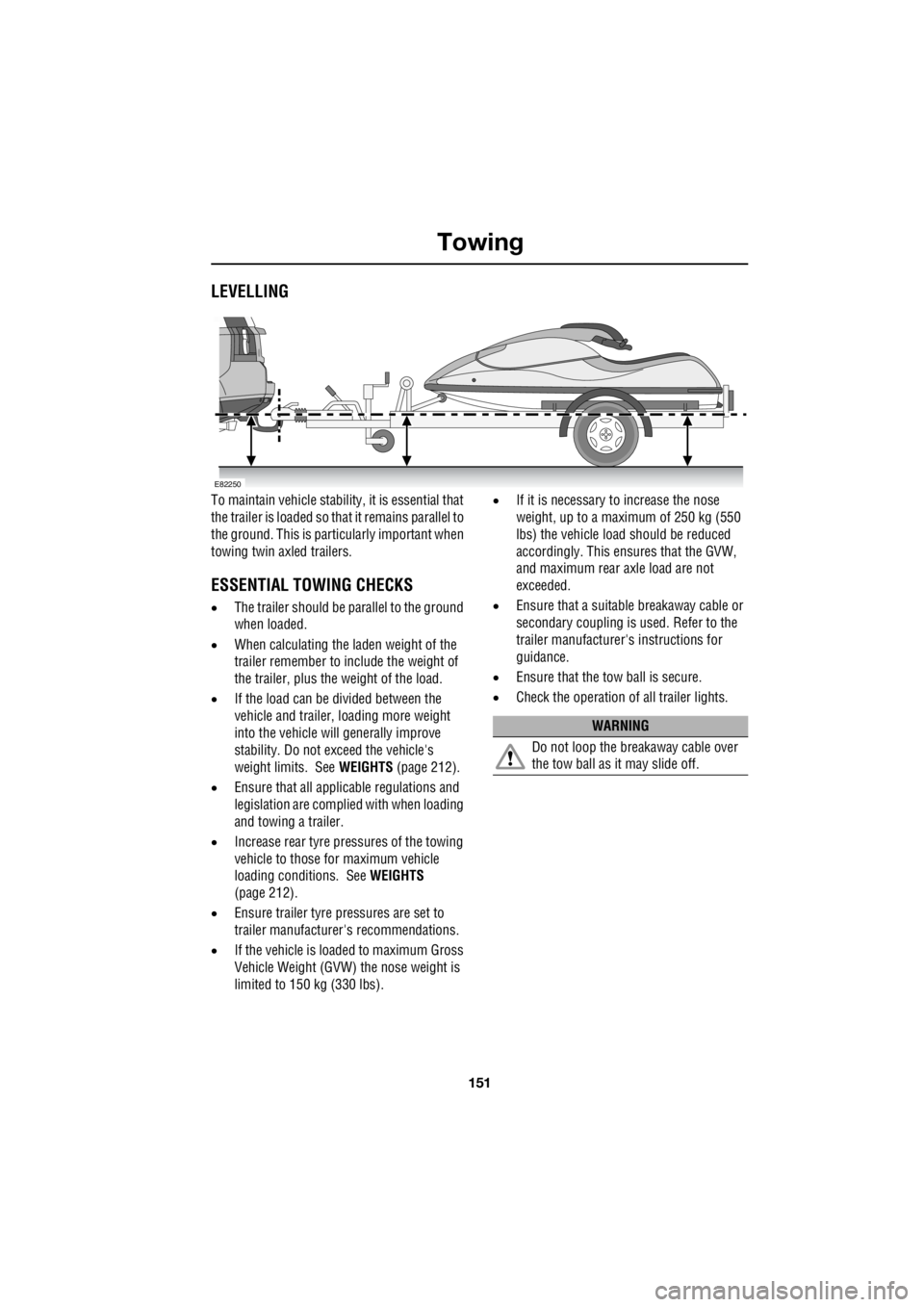LAND ROVER FRELANDER 2 2006 Repair Manual 151
Towing
R
LEVELLING
To maintain vehicle stability, it is essential that
the trailer is loaded so that it remains parallel to
the ground. This is partic ularly important when
towing twin axled LAND ROVER FRELANDER 2 2006 Repair Manual 151
Towing
R
LEVELLING
To maintain vehicle stability, it is essential that
the trailer is loaded so that it remains parallel to
the ground. This is partic ularly important when
towing twin axled