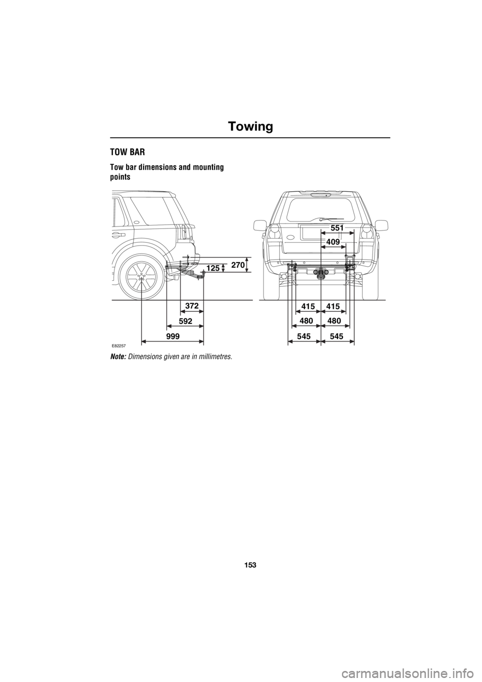 LAND ROVER FRELANDER 2 2006  Repair Manual 153
Towing
R
TOW BAR
Tow bar dimensions and mounting  
points
Note:   Dimensions given are in millimetres.
125270
415415
480480
545545
409
551
E82257
372 
592 
999 