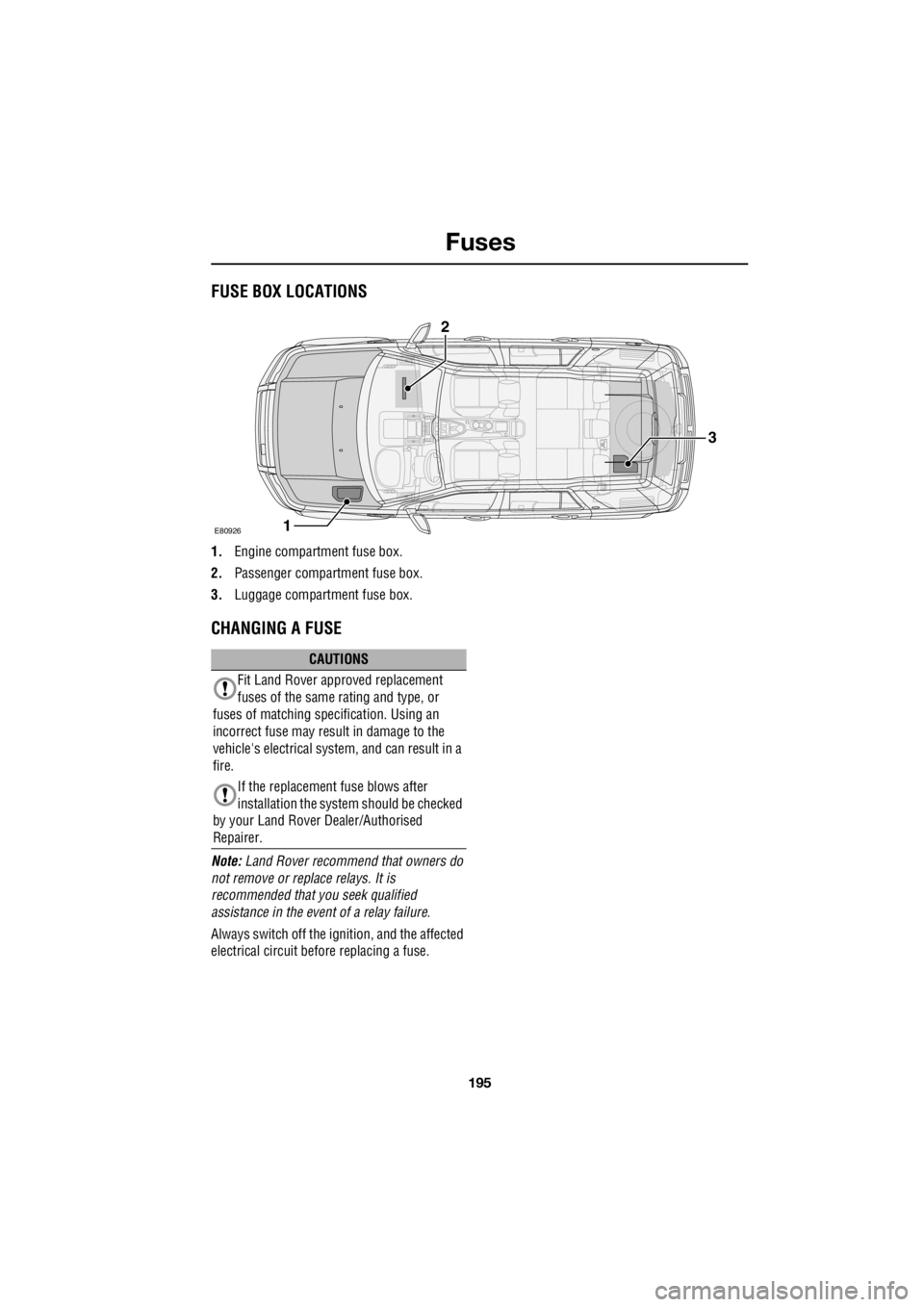 LAND ROVER FRELANDER 2 2006  Repair Manual 195
Fuses
R
FusesFUSE BOX LOCATIONS
1. Engine compartment fuse box. 
2.  Passenger compartment fuse box. 
3.  Luggage compartment fuse box.
CHANGING A FUSE
Note:  Land Rover recommend that owners do  