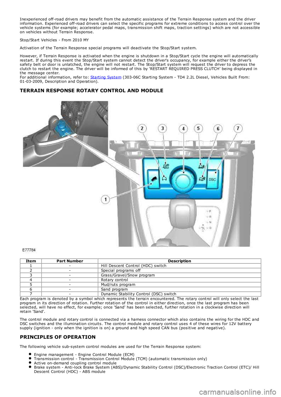 LAND ROVER FRELANDER 2 2006  Repair Manual Inexperi enced off-road dri vers  may benefi t from t he automat ic as s is tance of t he Terrai n Respons e s yst em and t he driverinformat ion. Experienced off-road drivers  can s elect the specifi