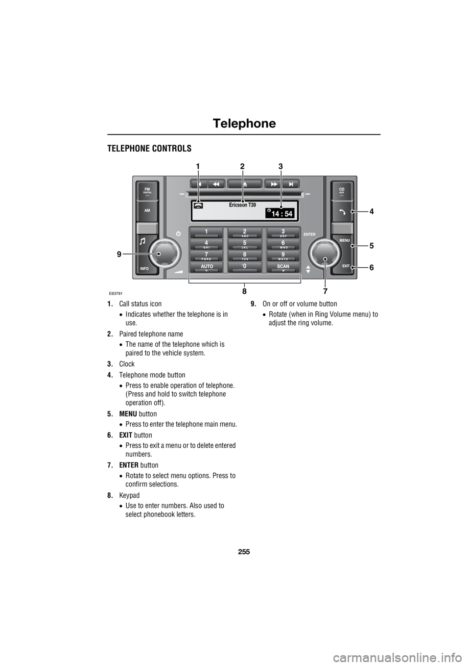 LAND ROVER FRELANDER 2 2006 Repair Manual 255
Telephone
R
TELEPHONE CONTROLS
1. Call status icon
• Indicates whether the telephone is in
use.
2. Paired telephone name
• The name of the telephone which is
paired to the vehicle s LAND ROVER FRELANDER 2 2006 Repair Manual 255
Telephone
R
TELEPHONE CONTROLS
1. Call status icon
• Indicates whether the telephone is in
use.
2. Paired telephone name
• The name of the telephone which is
paired to the vehicle s