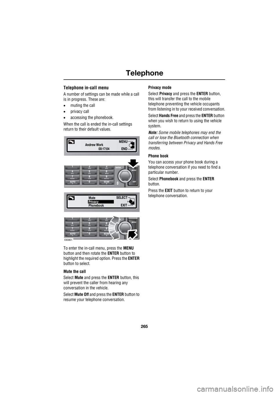 LAND ROVER FRELANDER 2 2006  Repair Manual 265
Telephone
R
Telephone in-call menu
A number of settings can  be made while a call  
is in progress. These are:  
•  muting the call 
•  privacy call 
•  accessing the phonebook. 
When the ca