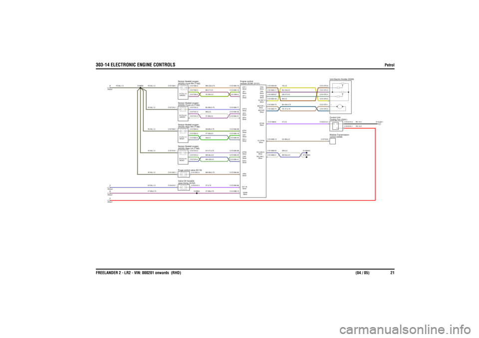 LAND ROVER FRELANDER 2 2006  Repair Manual 303-14 ELECTRONIC ENGINE CONTROLS
Petrol 
FREELANDER 2 - LR2 - VIN:   000201 onwards  (RHD) (04 / 05) 21
RD,10.0
YE-BU,1.0YE-BU,1.0GY-BU,1.0VT-BN,0.75
VT,0.75VT-BN,0.75WH-BU,0.5WH-GN,0.5GY-VT,0.75WH-B