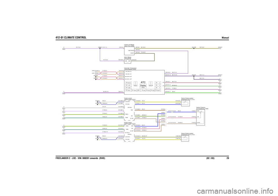 LAND ROVER FRELANDER 2 2006  Repair Manual 412-01 CLIMATE CONTROL
Manual 
FREELANDER 2 - LR2 - VIN:   000201 onwards  (RHD) (02 / 03) 29
BU,0.5VT-OG,0.5GY-BN,0.5
GN,0.5VT-BN,0.5WH-GN,0.5BN-VT,0.5BK-VT,0.75
BK-YE,6.0GY-BN,0.5 (DIESEL)VT-OG,0.5 