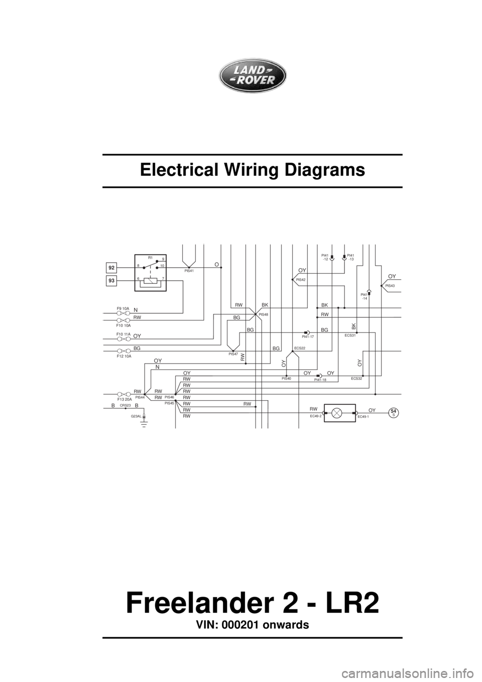 LAND ROVER FRELANDER 2 2006 Repair Manual Electrical Wiring Diagrams
Freelander 2 - LR2
VIN: 000201 onwards
PIS40 ECS31
BG
PI41-18OY OY
PI41-17
PI41
-14
ECS32
BG
PIS47
BG
BG
OY
PIS48
PIS46
RW
RW
RW
RW
RW
RW
RW
RWPIS45PIS44RW
RW
RW
92 LAND ROVER FRELANDER 2 2006 Repair Manual Electrical Wiring Diagrams
Freelander 2 - LR2
VIN: 000201 onwards
PIS40 ECS31
BG
PI41-18OY OY
PI41-17
PI41
-14
ECS32
BG
PIS47
BG
BG
OY
PIS48
PIS46
RW
RW
RW
RW
RW
RW
RW
RWPIS45PIS44RW
RW
RW
92