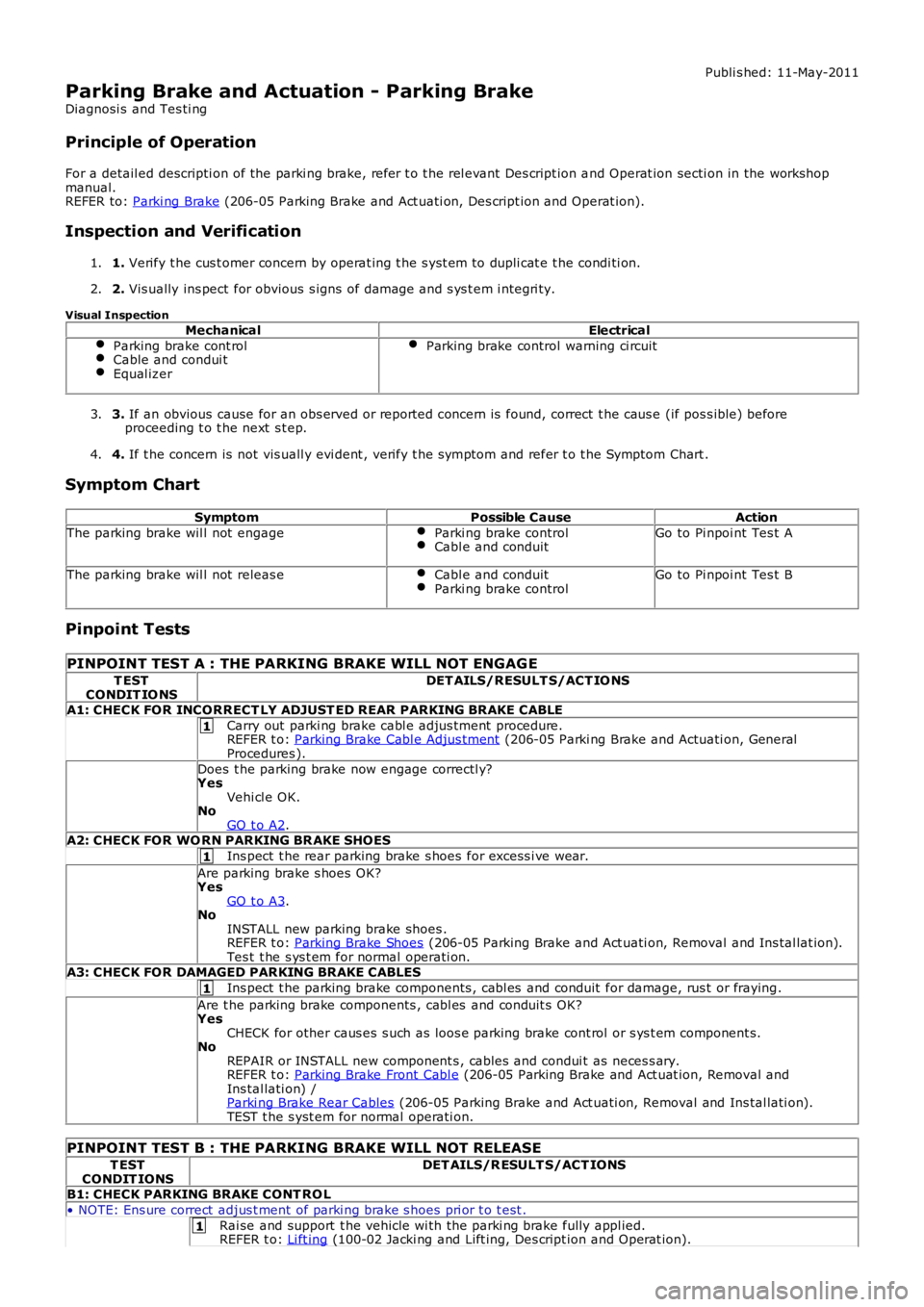 LAND ROVER FRELANDER 2 2006  Repair Manual 1
1
1
1
Publi s hed: 11-May-2011
Parking Brake and Actuation - Parking Brake
Diagnosi s  and Tes ti ng
Principle of Operation
For a detail ed descripti on of the parki ng brake, refer t o t he rel eva