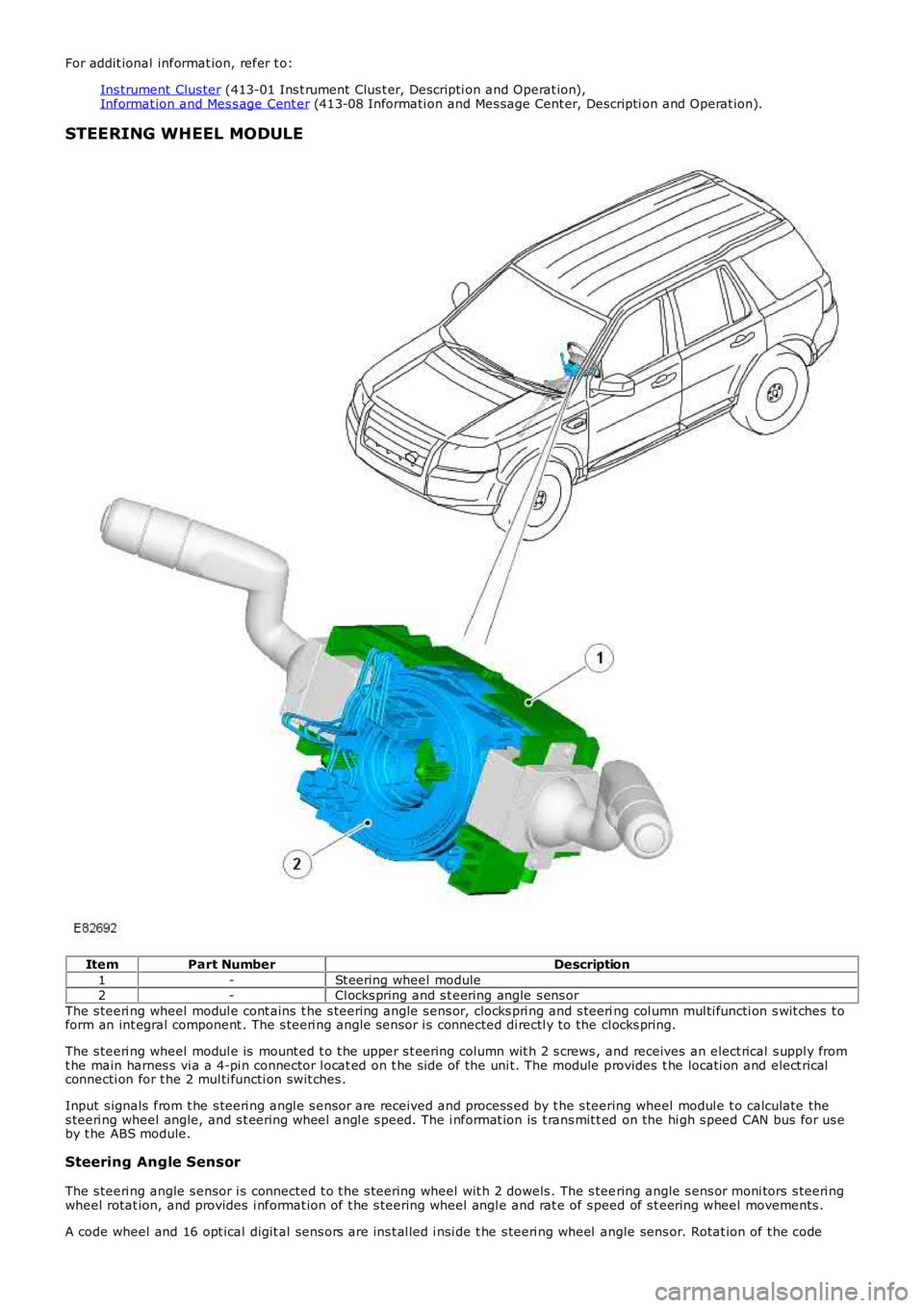 LAND ROVER FRELANDER 2 2006 Repair Manual For addit ional informat ion, refer t o:
Ins trument Clus ter (413-01 Ins t rument Clus t er, Descripti on and Operat ion),Informat ion and Mes s age Cent er (413-08 Informati on and Mes sage Cent er LAND ROVER FRELANDER 2 2006 Repair Manual For addit ional informat ion, refer t o:
Ins trument Clus ter (413-01 Ins t rument Clus t er, Descripti on and Operat ion),Informat ion and Mes s age Cent er (413-08 Informati on and Mes sage Cent er