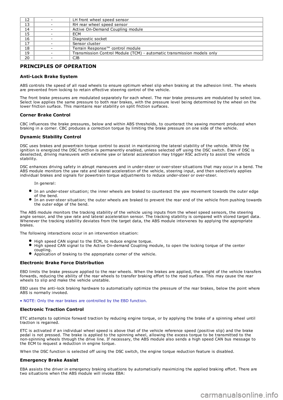 LAND ROVER FRELANDER 2 2006 Repair Manual 12-LH front wheel s peed s ens or
13-RH rear wheel s peed sens or
14-Act ive On-Demand Coupling modul e15-ECM
16-Diagnost ic socket
17-Sens or clus ter18-Terrai n Res pons e™ control modul e
19-Tra LAND ROVER FRELANDER 2 2006 Repair Manual 12-LH front wheel s peed s ens or
13-RH rear wheel s peed sens or
14-Act ive On-Demand Coupling modul e15-ECM
16-Diagnost ic socket
17-Sens or clus ter18-Terrai n Res pons e™ control modul e
19-Tra