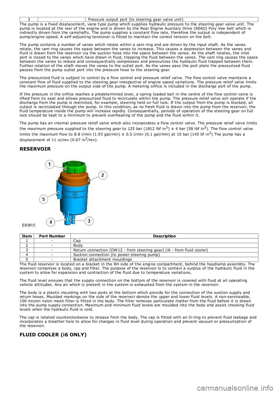 LAND ROVER FRELANDER 2 2006  Repair Manual 3-Pres s ure out put  port (t o s t eering gear val ve unit )
The pump i s a fixed dis placement, vane type pump which s uppl ies  hydrauli c pres sure to t he st eeri ng gear valve unit . Thepump i s