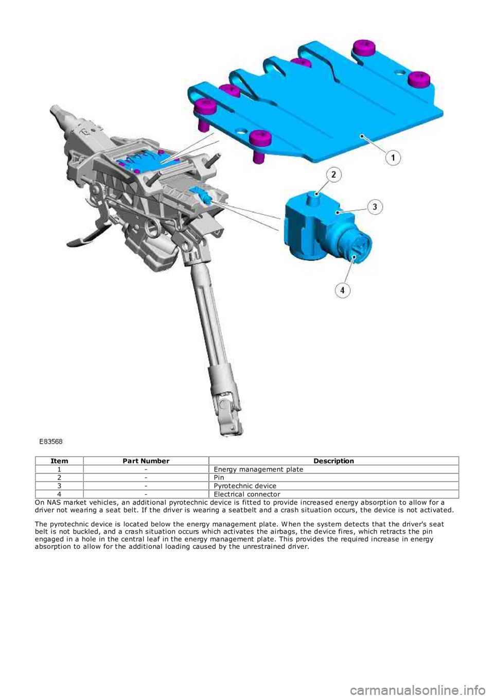 LAND ROVER FRELANDER 2 2006  Repair Manual ItemPart NumberDescription
1-Energy management plate2-Pin
3-Pyrot echnic device
4-Elect rical connectorOn NAS market vehi cl es, an addit ional pyrotechnic device is  fi tt ed to provide i ncreas ed e