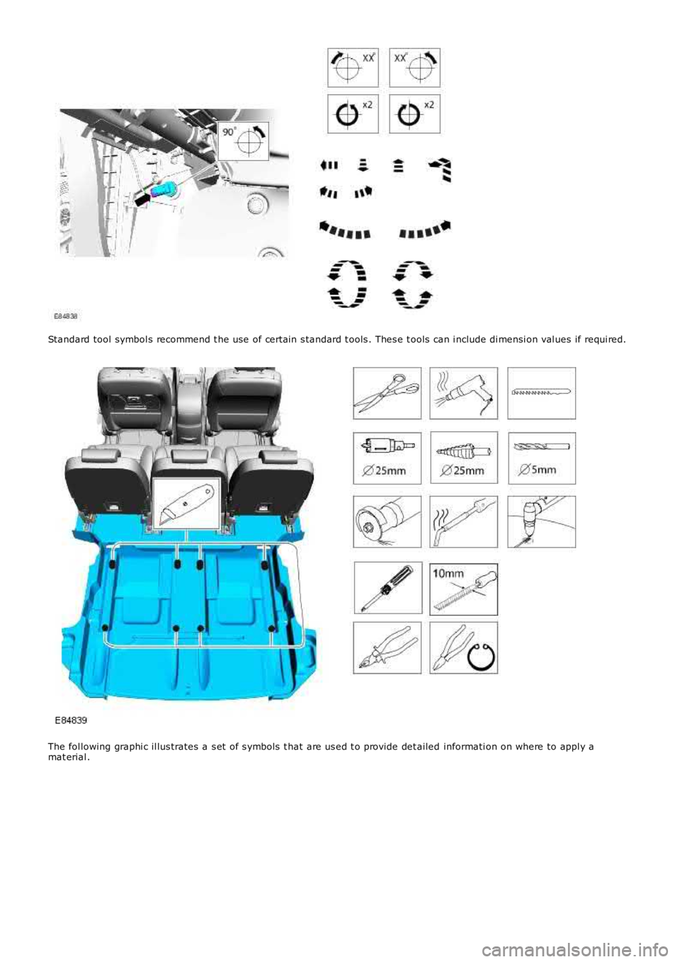 LAND ROVER FRELANDER 2 2006 Repair Manual Standard tool symbol s recommend t he use of certain s tandard t ools . Thes e t ools can include di mensi on val ues if requi red.
The fol lowing graphi c il lus trates a s et of s ymbols t hat a LAND ROVER FRELANDER 2 2006 Repair Manual Standard tool symbol s recommend t he use of certain s tandard t ools . Thes e t ools can include di mensi on val ues if requi red.
The fol lowing graphi c il lus trates a s et of s ymbols t hat a