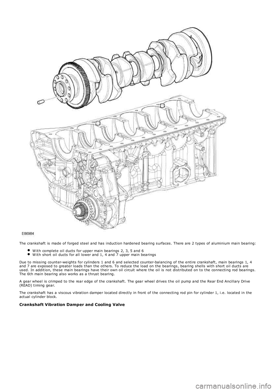 LAND ROVER FRELANDER 2 2006 Repair Manual The crankshaft is made of forged s teel and has induction hardened bearing s urfaces . There are 2 types of aluminium main bearing:
W it h complet e oil duct s for upper main bearings 2, 3, 5 an LAND ROVER FRELANDER 2 2006 Repair Manual The crankshaft is made of forged s teel and has induction hardened bearing s urfaces . There are 2 types of aluminium main bearing:
W it h complet e oil duct s for upper main bearings 2, 3, 5 an