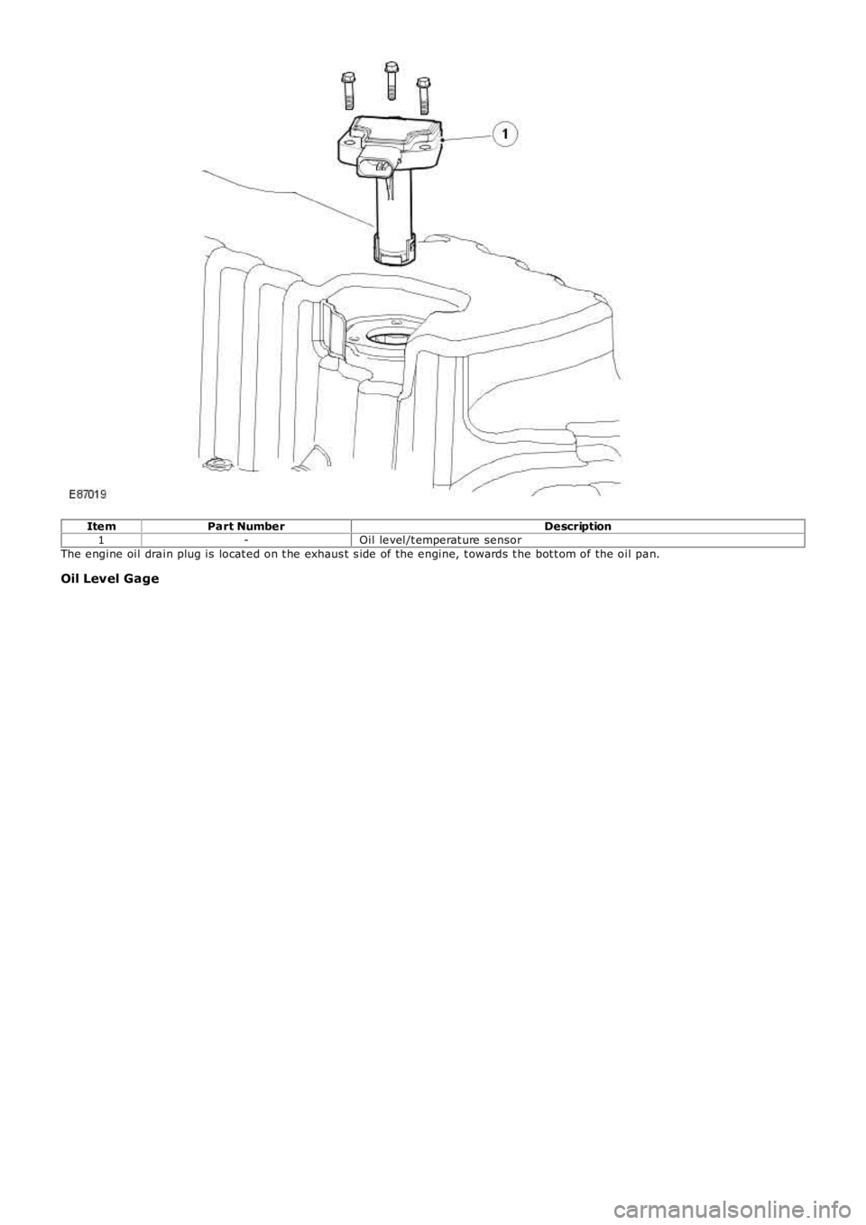 LAND ROVER FRELANDER 2 2006  Repair Manual ItemPart NumberDescription1-Oil level/t emperat ure sensorThe engine oil drain plug is  locat ed on t he exhaus t s ide of the engine, t owards t he bot t om of the oil pan.
Oil Level Gage 