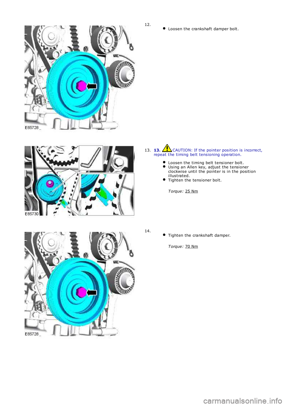 LAND ROVER FRELANDER 2 2006  Repair Manual  
Loosen t he cranks haft damper bolt . 12.
13.  CAUTION: If the point er pos i ti on is  i ncorrect,
repeat  t he ti ming bel t tens ioning operat ion.
Loosen t he t imi ng belt  t ens i oner bolt . 