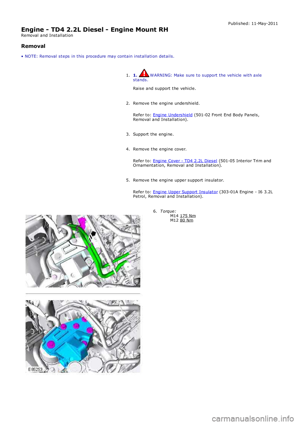 LAND ROVER FRELANDER 2 2006  Repair Manual Publi s hed: 11-May-2011
Engine - TD4 2.2L Diesel - Engine Mount RH
Removal  and Inst all ati on
Removal
• NOTE: Removal  s t eps  in t his  procedure may cont ain i nst all ati on det ail s.
1.  W 