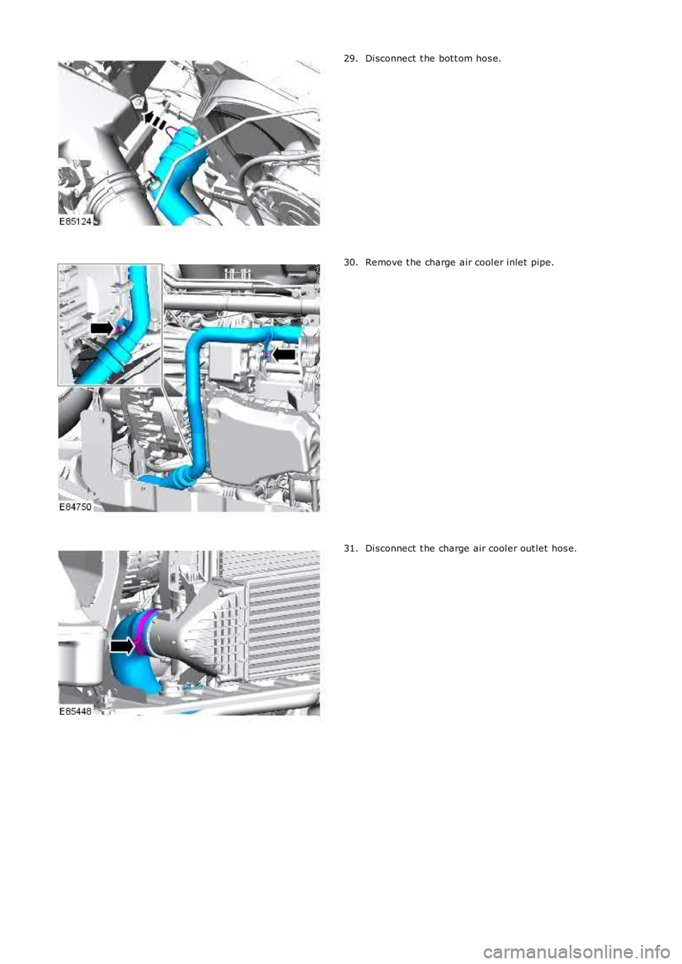 LAND ROVER FRELANDER 2 2006  Repair Manual Di sconnect  t he bot t om hos e.29.
Remove t he charge air cool er inlet  pipe.30.
Di sconnect  t he charge air cool er out let  hos e.31. 