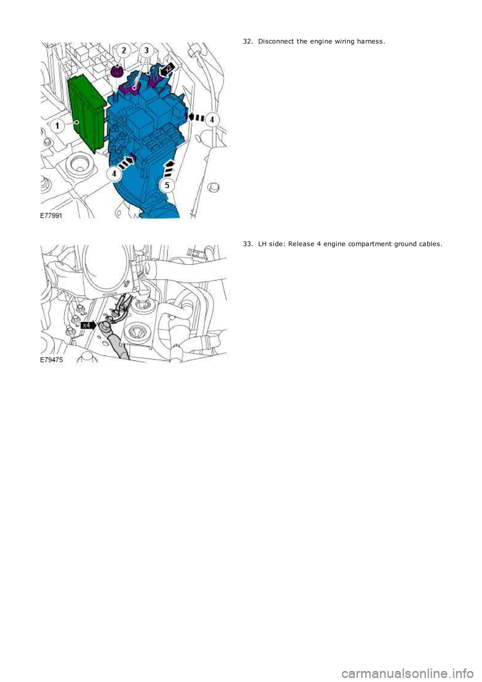 LAND ROVER FRELANDER 2 2006  Repair Manual Di sconnect  t he engi ne wiring harnes s .32.
LH s i de: Releas e 4 engine compartment  ground cables .33. 