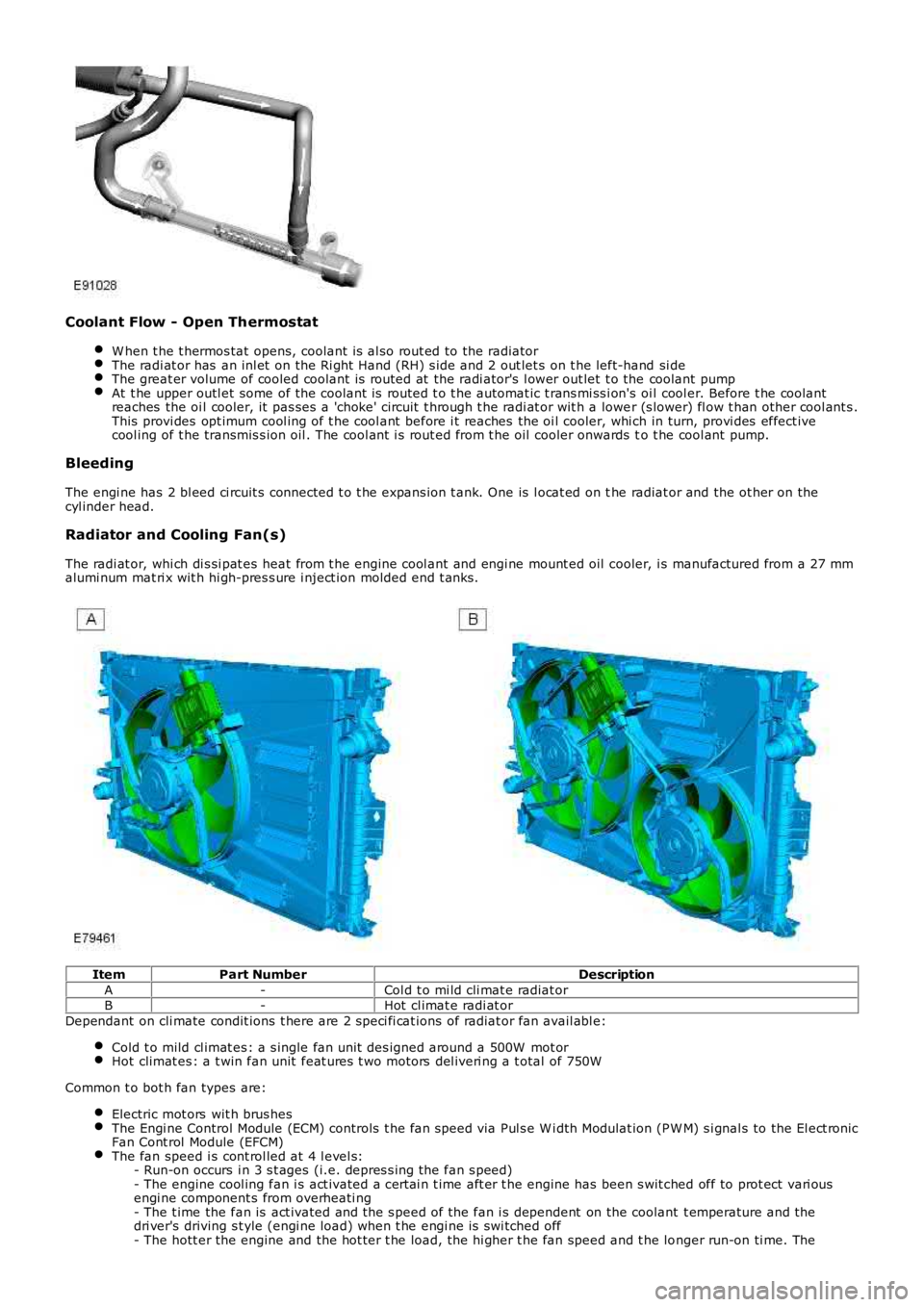 LAND ROVER FRELANDER 2 2006  Repair Manual Coolant Flow - Open Thermostat
W hen t he t hermos tat  opens, coolant is  al so rout ed to the radiatorThe radi at or has  an inl et  on the Ri ght  Hand (RH) s ide and 2 out let s  on t he left-hand