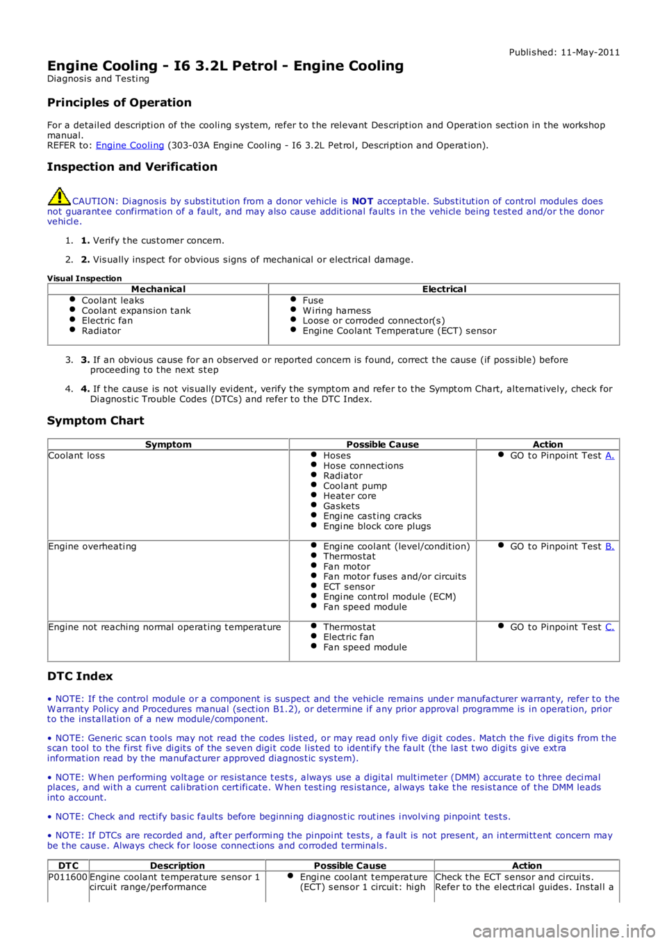 LAND ROVER FRELANDER 2 2006  Repair Manual Publi s hed: 11-May-2011
Engine Cooling - I6 3.2L Petrol - Engine Cooling
Diagnosi s  and Tes ti ng
Principles of Operation
For a detail ed descripti on of the cooli ng s ys t em, refer t o t he rel e