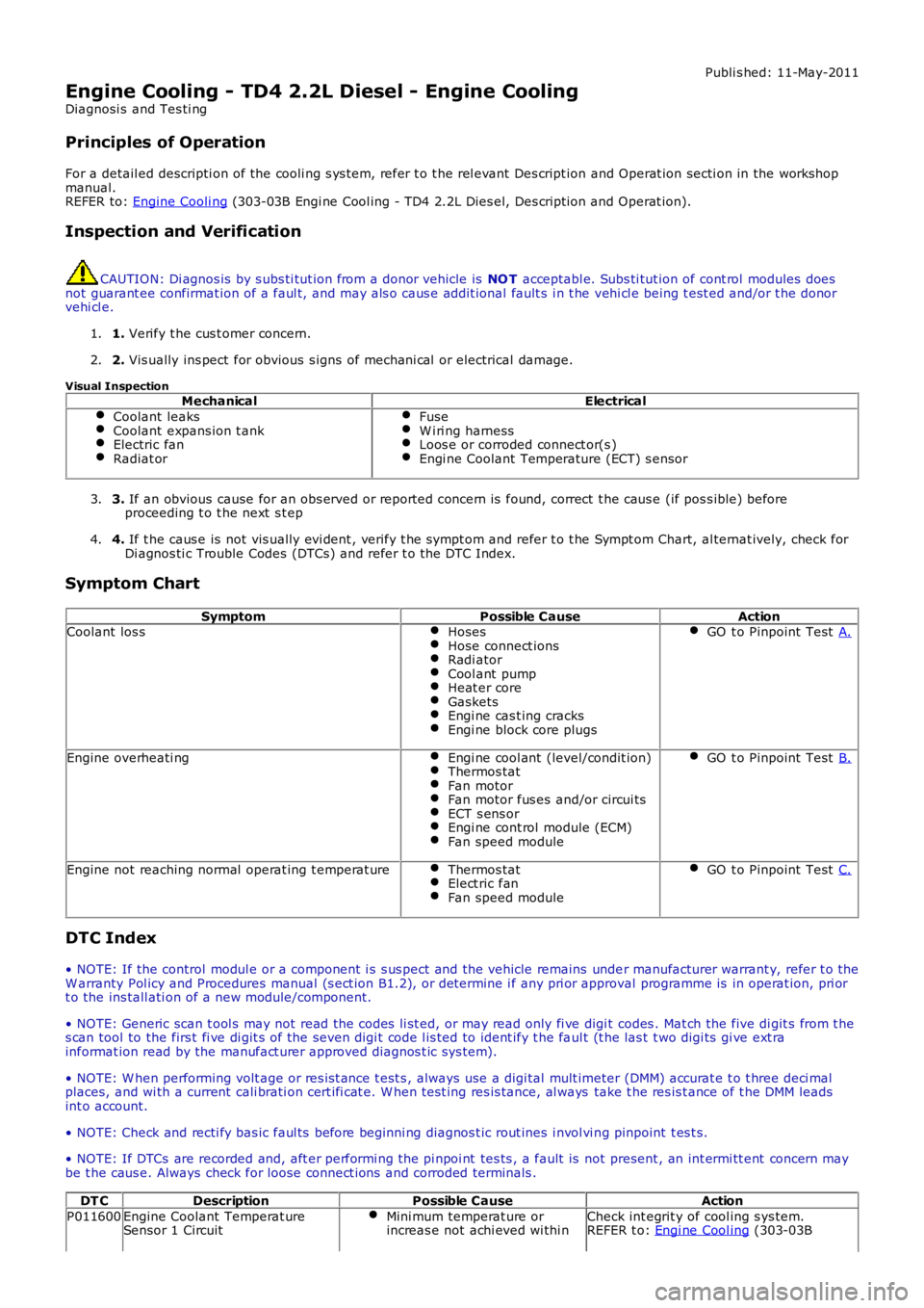 LAND ROVER FRELANDER 2 2006 Repair Manual Publi s hed: 11-May-2011
Engine Cooling - TD4 2.2L Diesel - Engine Cooling
Diagnosi s and Tes ti ng
Principles of Operation
For a detail ed descripti on of the cooli ng s ys t em, refer t o t he rel LAND ROVER FRELANDER 2 2006 Repair Manual Publi s hed: 11-May-2011
Engine Cooling - TD4 2.2L Diesel - Engine Cooling
Diagnosi s and Tes ti ng
Principles of Operation
For a detail ed descripti on of the cooli ng s ys t em, refer t o t he rel