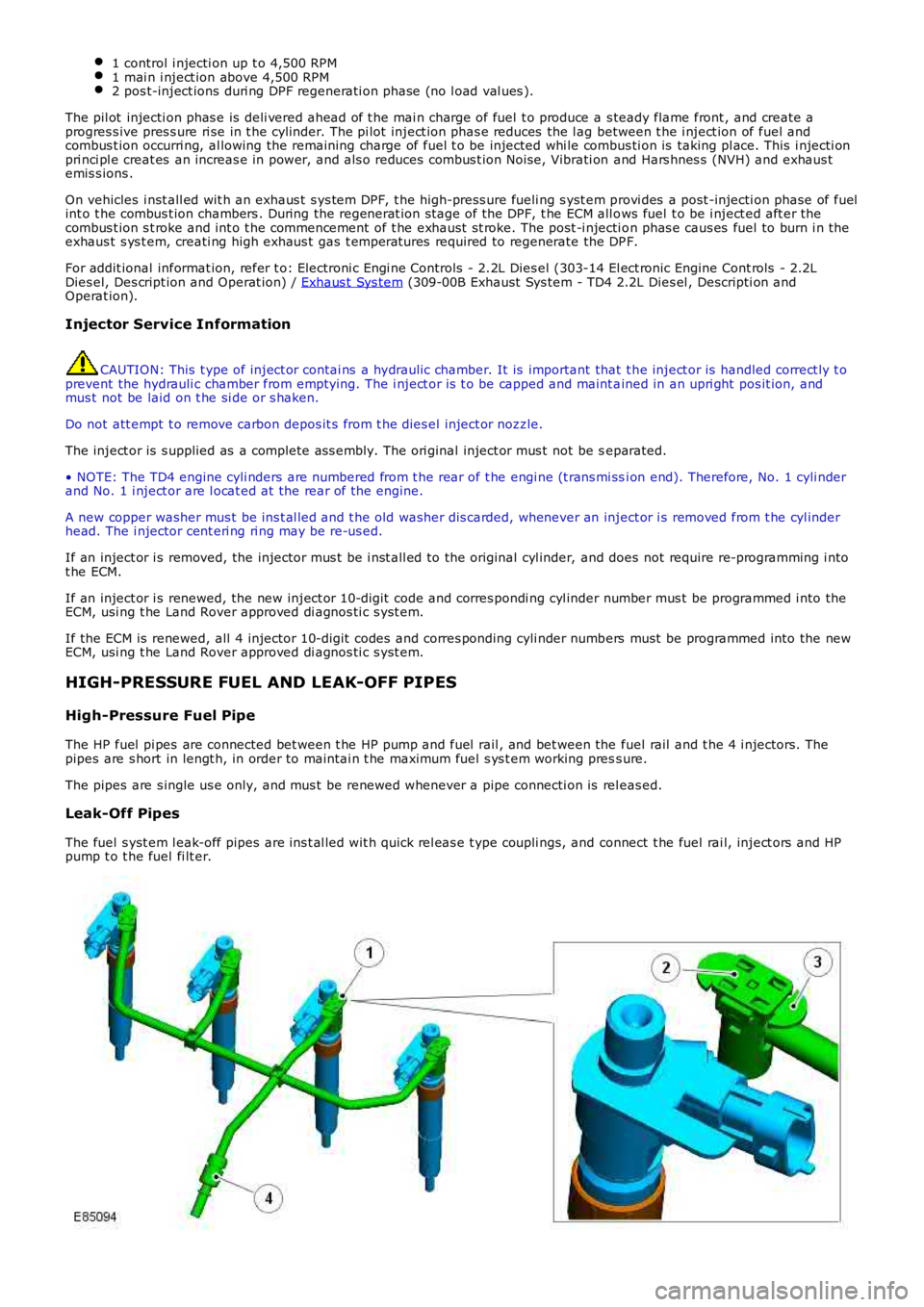LAND ROVER FRELANDER 2 2006 Repair Manual 1 control i njecti on up t o 4,500 RPM1 mai n i nject ion above 4,500 RPM2 pos t-inject ions duri ng DPF regenerati on phase (no l oad val ues ).
The pil ot injecti on phas e is deli vered ahead of LAND ROVER FRELANDER 2 2006 Repair Manual 1 control i njecti on up t o 4,500 RPM1 mai n i nject ion above 4,500 RPM2 pos t-inject ions duri ng DPF regenerati on phase (no l oad val ues ).
The pil ot injecti on phas e is deli vered ahead of