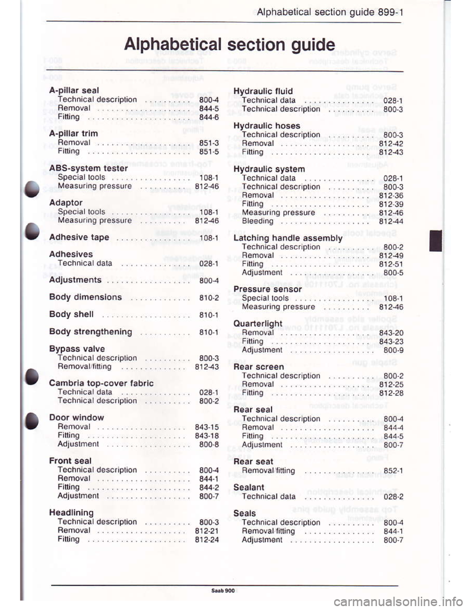 SAAB 900 1986 Service Manual Downloaded from www.Manualslib.com manuals search engine Alphabel cal seclion qurde 899-1
Alphabetical section guide
T€chn cal descriptioi
Bemoval
Fining ... .....
Femoval
Finin9
Specia loos ..
Meas SAAB 900 1986 Service Manual Downloaded from www.Manualslib.com manuals search engine Alphabel cal seclion qurde 899-1
Alphabetical section guide
T€chn cal descriptioi
Bemoval
Fining ... .....
Femoval
Finin9
Specia loos ..
Meas