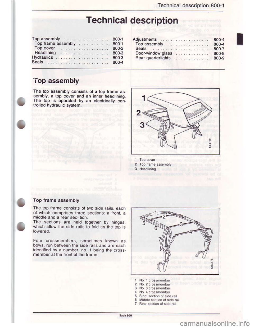 SAAB 900 1986  Service Manual Downloaded from www.Manualslib.com manuals search engine Technical descnptron 800-1
Technical description
Top .s8embly . . . . . . . . . . . . . . . a001 Adiustrnents .... ...... Bo0-4Top trame assemb