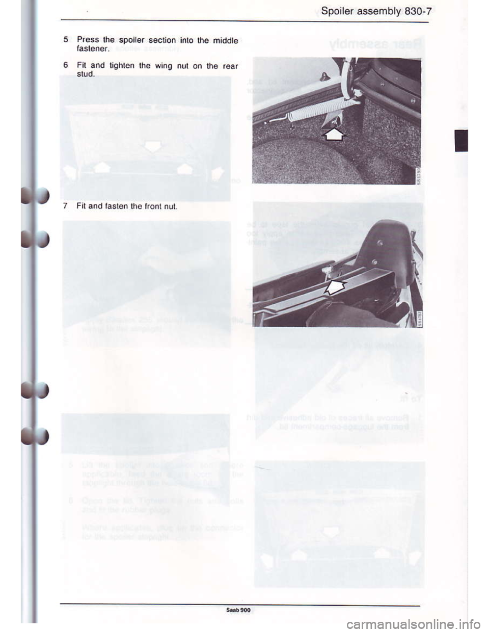 SAAB 900 1986 Manual Online Downloaded from www.Manualslib.com manuals search engine Spoiler assembly 830-7
5P.ess $e spoiter secuon
Fil and lighlen Ih€ wing
Fil and laslen ure rrontnut  