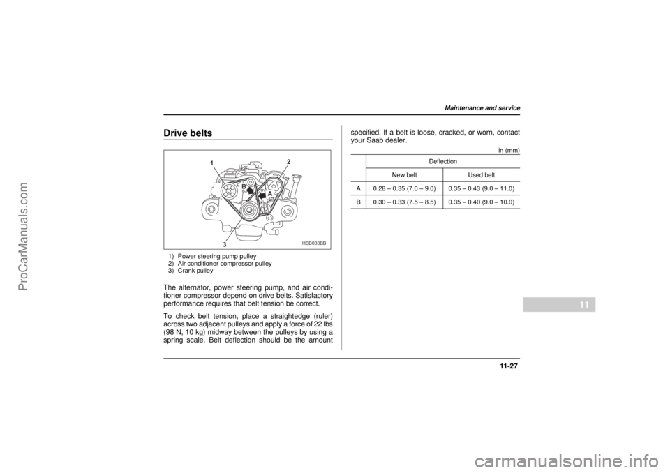 SAAB 9-2X 2005  Owners Manual 11 -2 7
Maintenance and service
– CONTINUED –
11
26 December 2003
Drive belts1) Power steering pump pulley
2) Air conditioner compressor pulley
3) Crank pulleyThe alternator, power steering pump, 