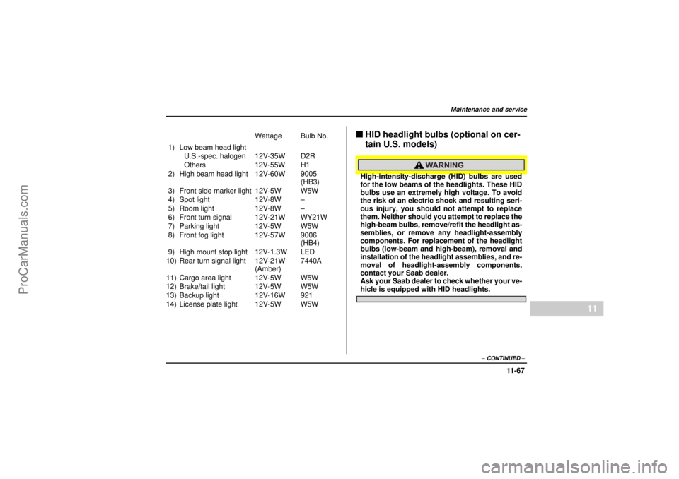 SAAB 9-2X 2005 Owners Manual 11 -6 7
Maintenance and service
– CONTINUED –
11
18 February 2004
"HID headlight bulbs (optional on cer-
tain U.S. models)High-intensity-discharge (HID) bulbs are used
for the low beams of the hea SAAB 9-2X 2005 Owners Manual 11 -6 7
Maintenance and service
– CONTINUED –
11
18 February 2004
"HID headlight bulbs (optional on cer-
tain U.S. models)High-intensity-discharge (HID) bulbs are used
for the low beams of the hea