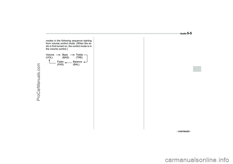 SAAB 9-2X 2006  Owners Manual Audio 
5-5
5
– CONTINUED –
modes in the following sequence starting
from volume control mode. (When the ra-
dio is first turned on, the control mode is in
the volume control.)Volume
(VOL)Bass
(BAS