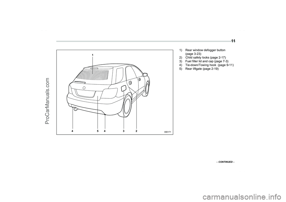 SAAB 9-2X 2006 User Guide  11
– CONTINUED –
5 44321
000171
1) Rear window defogger button 
(page 3-23)
2) Child safety locks (page 2-17)
3) Fuel filler lid and cap (page 7-3)
4) Tie-down/Towing hook  (page 9-11)
5) Rear li
