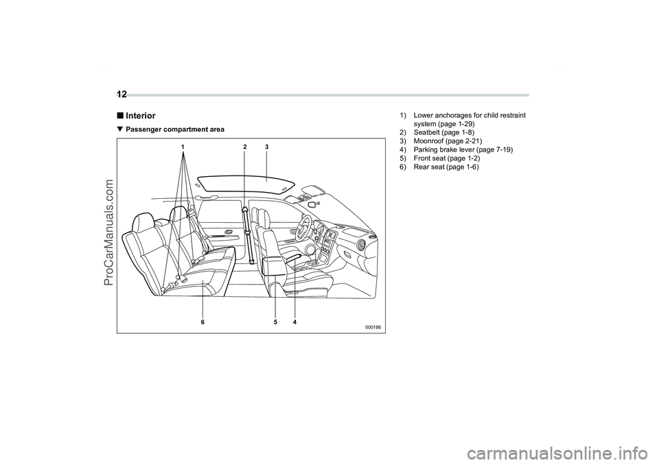 SAAB 9-2X 2006 User Guide 12
 
InteriorPassenger compartment area
123
4 5 6
000186
1) Lower anchorages for child restraint 
system (page 1-29)
2) Seatbelt (page 1-8)
3) Moonroof (page 2-21)
4) Parking brake lever (page 7-19)