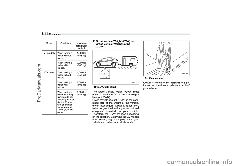 SAAB 9-2X 2006  Owners Manual 8-14
 Driving tips
Gross Vehicle Weight (GVW) and 
Gross Vehicle Weight Rating 
(GVWR)Gross Vehicle WeightThe Gross Vehicle Weight (GVW) must
never exceed the Gross Vehicle Weight
Rating (GVWR).
Gros