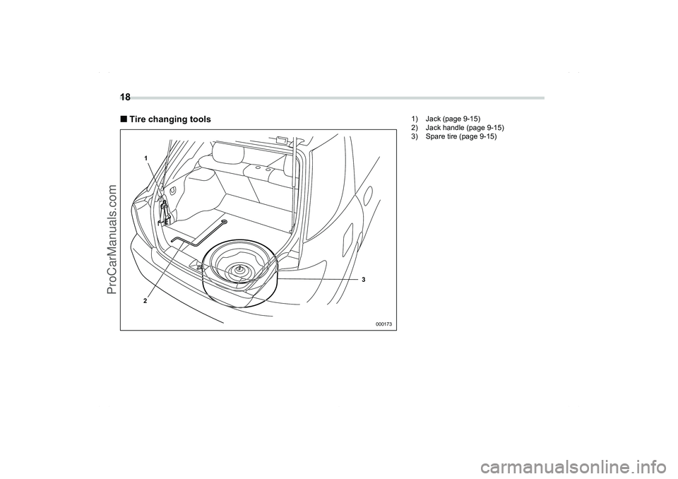 SAAB 9-2X 2006 Owners Manual 18
 
Tire changing tools
1
23
000173
1) Jack (page 9-15)
2) Jack handle (page 9-15)
3) Spare tire (page 9-15)
A1910BE-A-GSAAB.book  Page 18  Tuesday, September 6, 2005  8:37 AM
ProCarManuals.com 