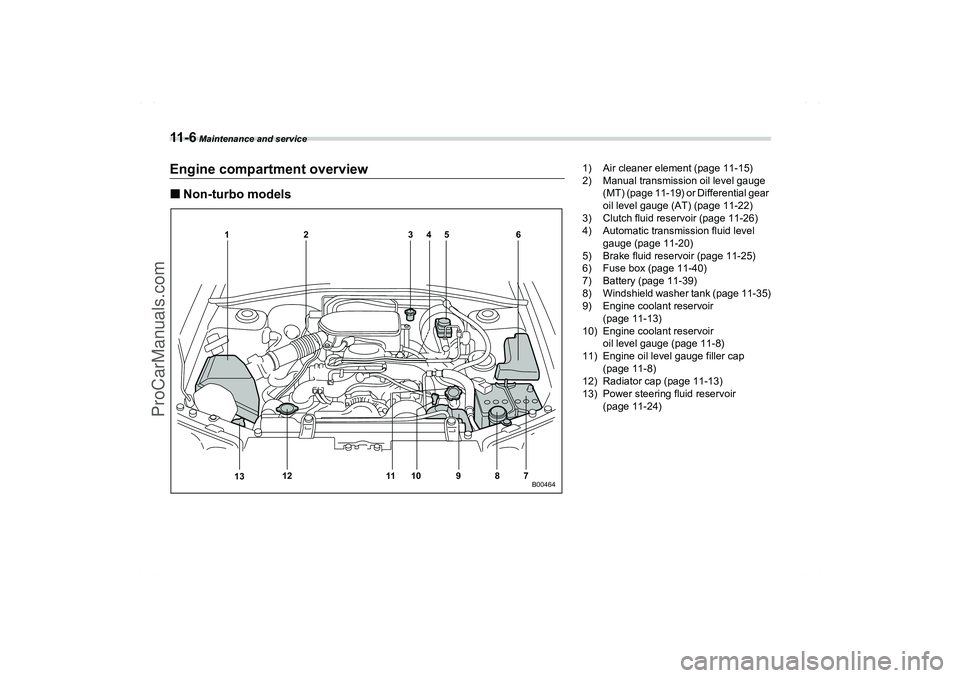 SAAB 9-2X 2006  Owners Manual 11 - 6
 Maintenance and service
Engine compartment overviewNon-turbo models
12 3456
7 8 9 10 11
1312
B00464
1) Air cleaner element (page 11-15)
2) Manual transmission oil level gauge 
(MT) (page 11-1