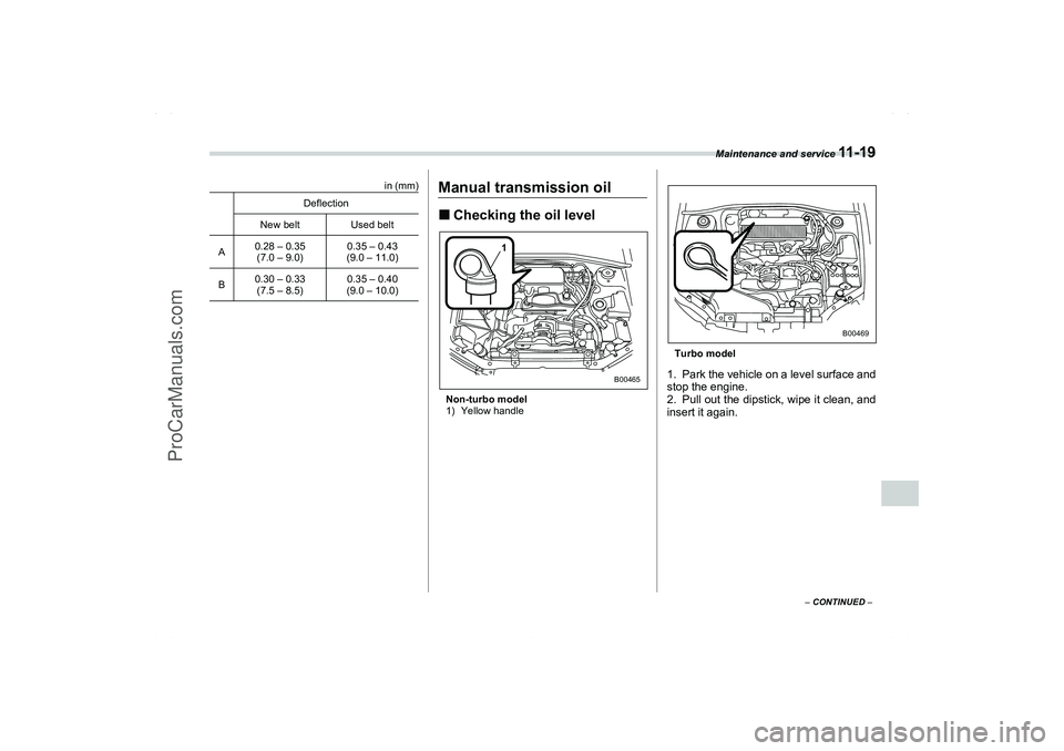 SAAB 9-2X 2006  Owners Manual Maintenance and service 
11 - 1 9
11
– CONTINUED –
in (mm)
Manual transmission oilChecking the oil levelNon-turbo model
1) Yellow handleTurbo model
1. Park the vehicle on a level surface and
stop