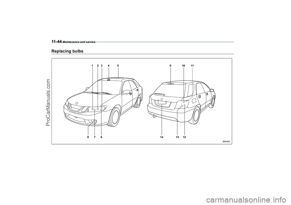 SAAB 9-2X 2006  Owners Manual 11 - 4 4
 Maintenance and service
Replacing bulbs
45
876 1213 14 123 9 10 11
B00482
A1910BE-A-GSAAB.book  Page 44  Tuesday, September 6, 2005  8:37 AM
ProCarManuals.com 